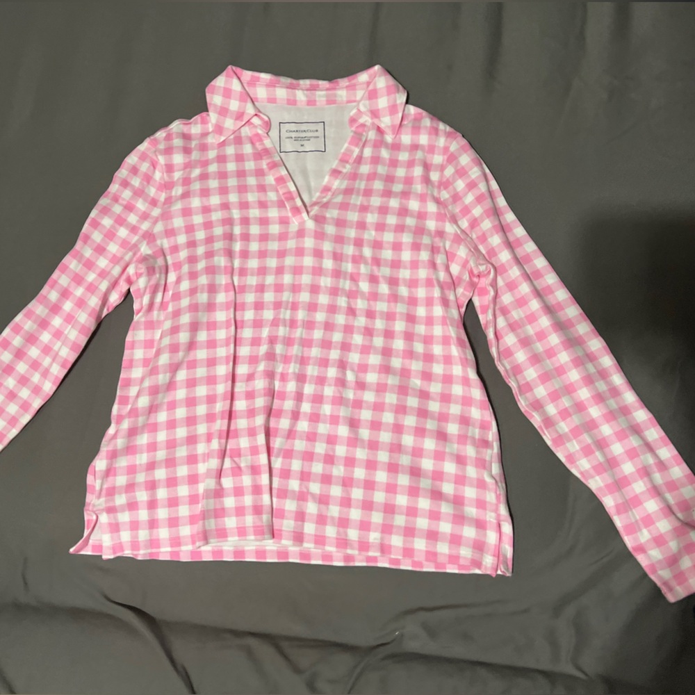 Charter Club Pink and White Gingham Checkered Shirt, Supima material, Medium